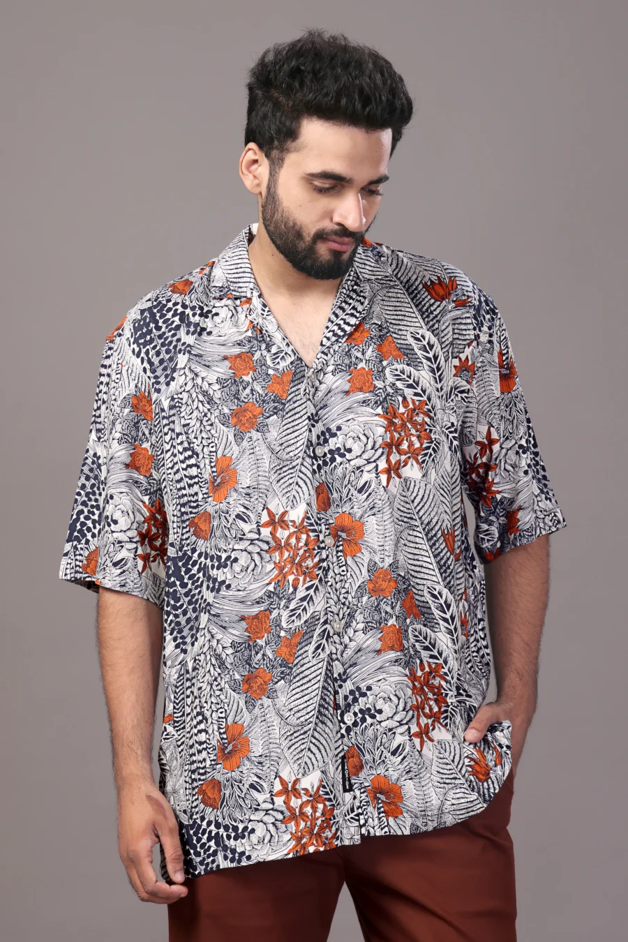 Tropical Black-Grey Relaxed Fit Shirt - Image 2