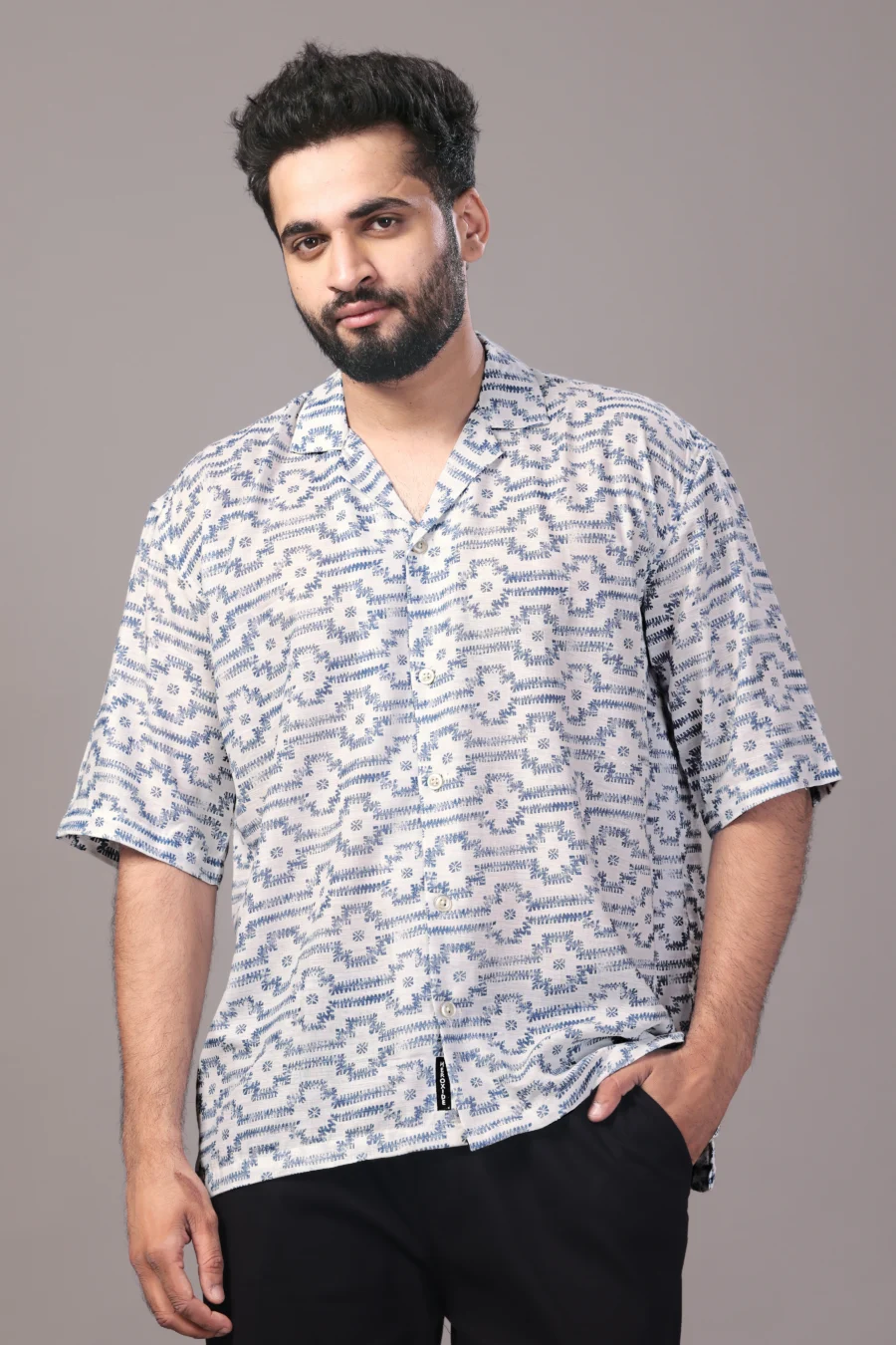 Geometric White Blue Relaxed Fit Shirt - Image 2